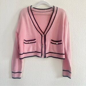 SHEIN Contrast Trim Pink Knitted Cropped Cardigan